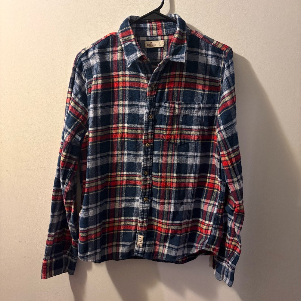 Hollister Men's Large Navy & Red‎ Plaid Flannel Button Down